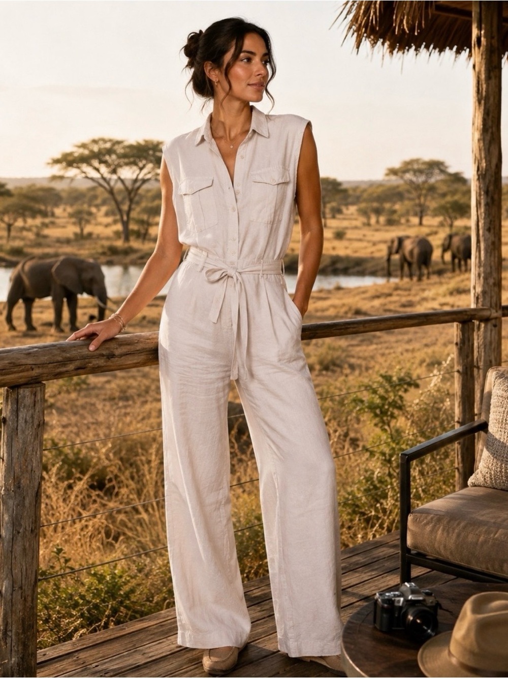 Sleeveless Cream Linen Utility Jumpsuit YFB brand